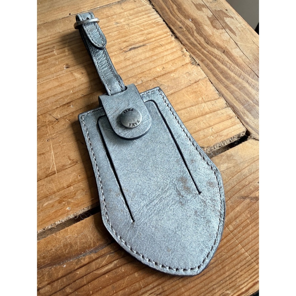 Frye Distressed Leather Luggage Tag With Privacy ID Window Metallic Silver Gray
